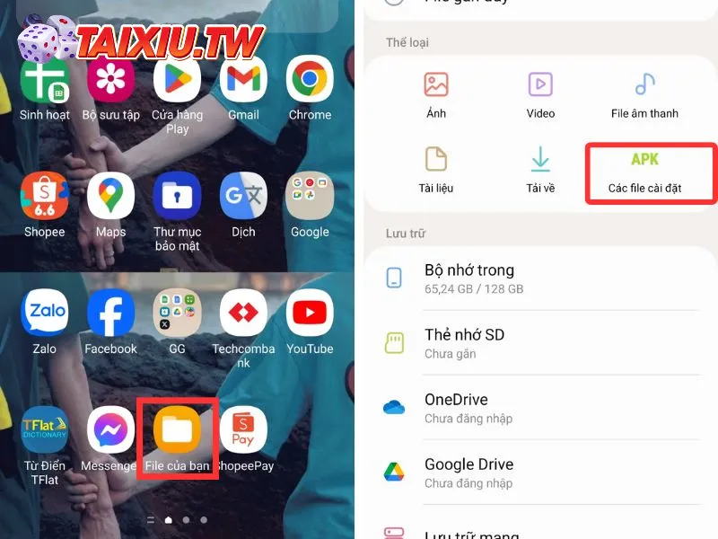 Chọn APK để tìm file Go88