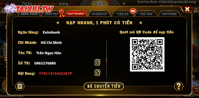 Nạp tiền đặt cược Tài xỉu